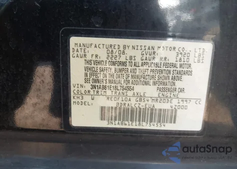 2008 Nissan Sentra 2.0 из США, поврежденный, VIN 3N1AB61E18L754554